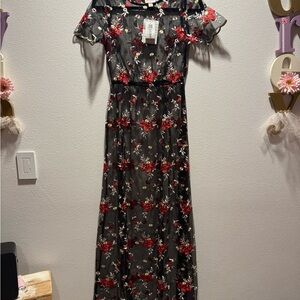 Brand New LuLaRoe Size XS Black and Red Floral Overlay Deanne 2 Maxi Dress